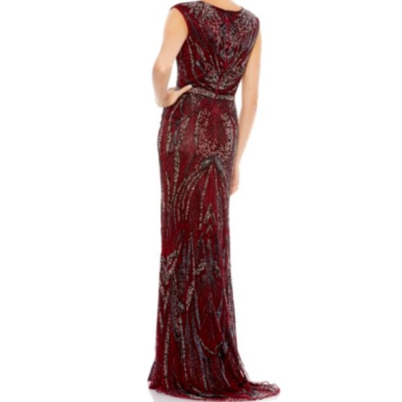 MAC DUGGAL 5227 BEADED CAP SLEEVE THIGH SLIT WINE/BURGUNDY GOWN sz 4 - Picture 2 of 6